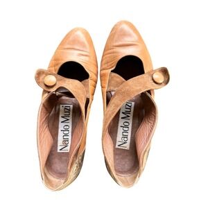 Nando Muzi Tan Leather Mary Jane Flats Snakeskin Heel Made in Italy Size 36
